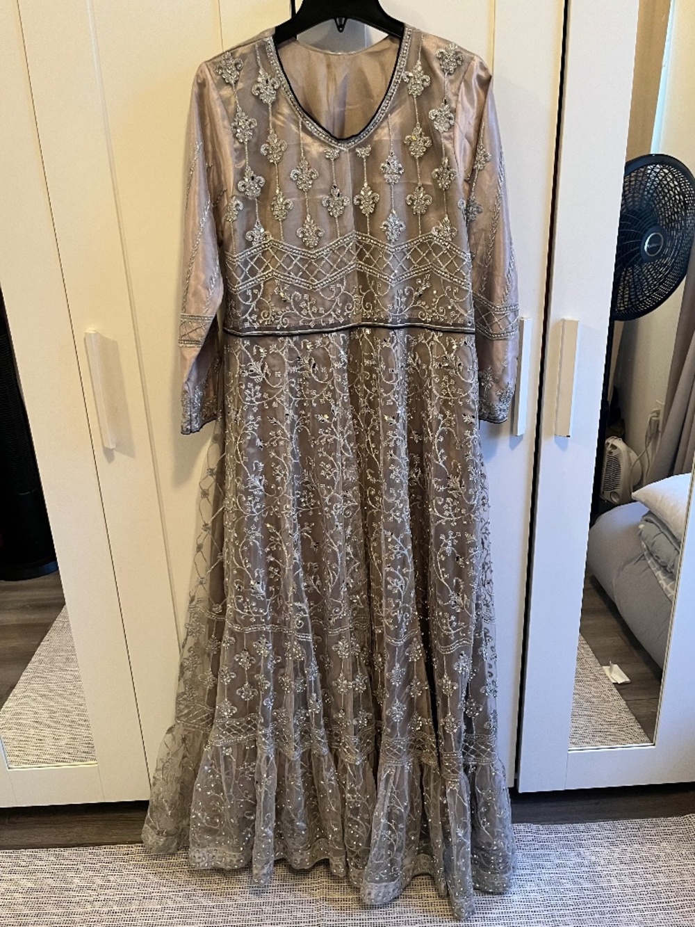 gray long desi dress, pakistani indian dress